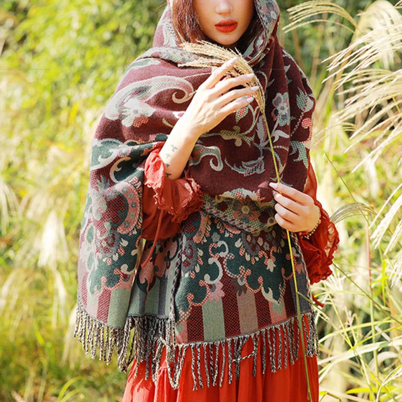 Bufanda chal térmica suave con borlas y estampado étnico de cachemira y plantas de jacquard con Buddha Stones - Paisley rojo oscuro - 70-190 cm - image 3