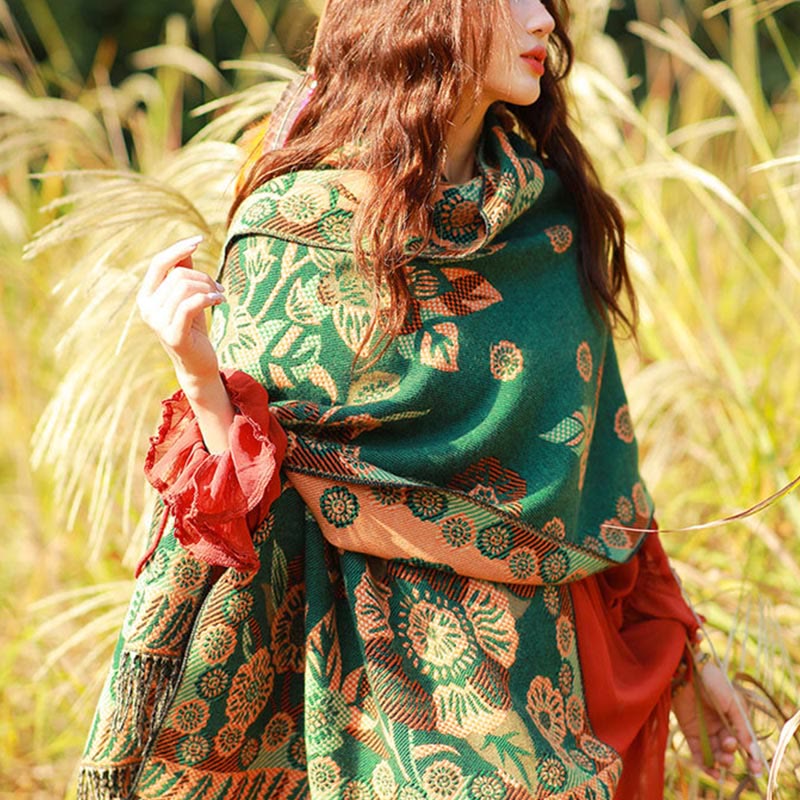 Bufanda chal térmica suave con borlas y estampado étnico de cachemira y plantas de jacquard con Buddha Stones - image 33