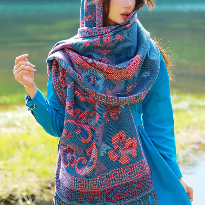 Bufanda chal térmica suave con borlas y estampado étnico de cachemira y plantas de jacquard con Buddha Stones - Floral azul acero - 70-190 cm - image 37