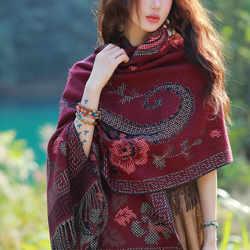 Bufanda chal térmica suave con borlas y estampado étnico de cachemira y plantas de jacquard con Buddha Stones - Paisley floral rojo oscuro - 70-190 cm - image 38
