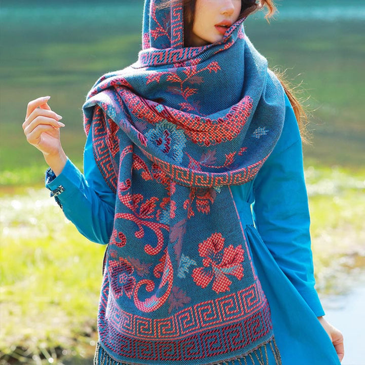 Bufanda chal térmica suave con borlas y estampado étnico de cachemira y plantas de jacquard con Buddha Stones - Floral azul acero - 70-190 cm - image 37