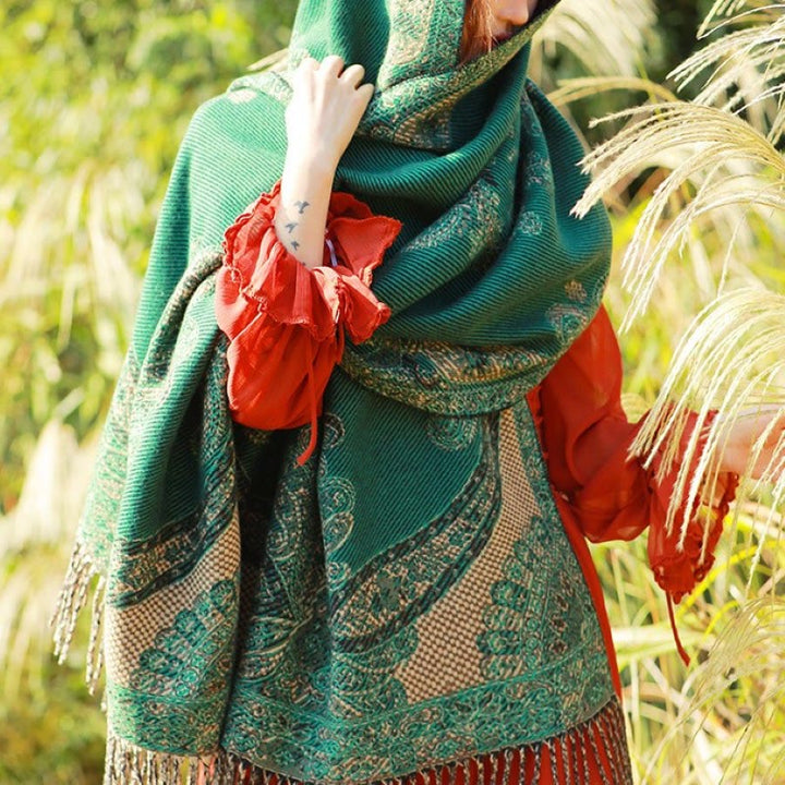 Bufanda chal térmica suave con borlas y estampado étnico de cachemira y plantas de jacquard con Buddha Stones - Paisley verde mar - 70-190 cm - image 44