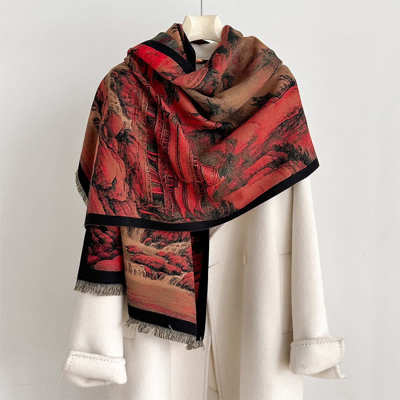 Bufanda chal gruesa y acogedora con borlas y estampado de paisaje invernal de Buddha Stones - SandyBrown - 180*65 cm - image 0