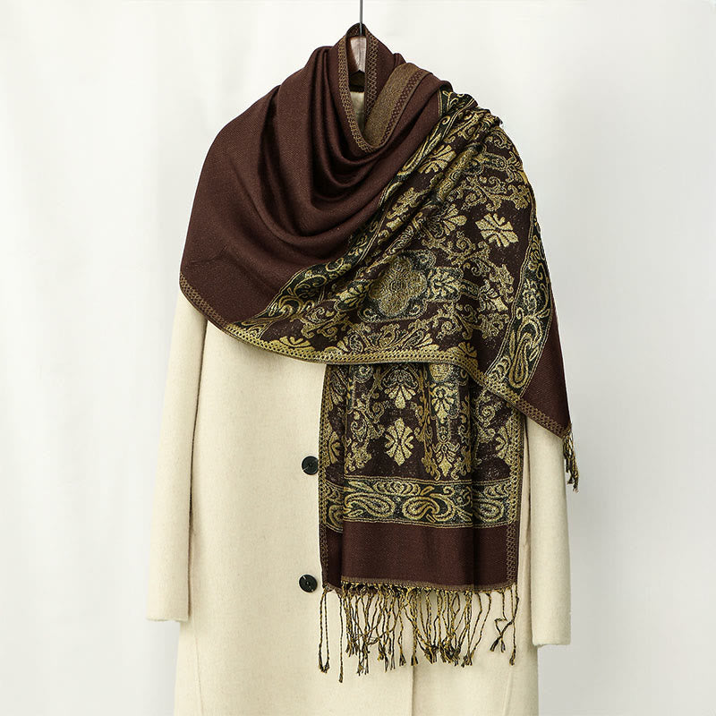 Bufanda chal acogedor con borlas y diseño geométrico de flor de anacardo dorada de primavera con Buddha Stones - SaddleBrown - 172*70 cm - image 0