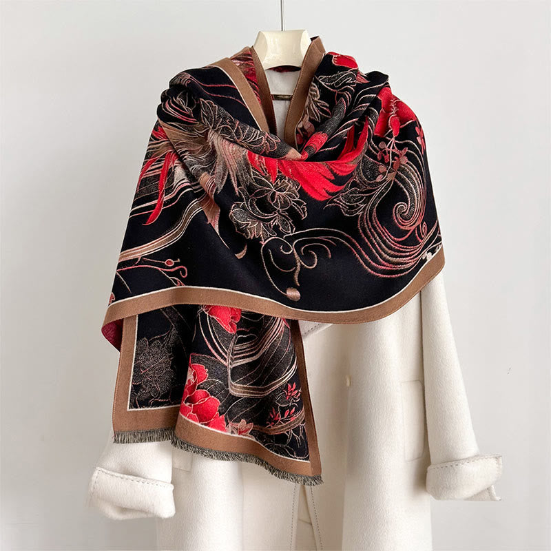 Bufanda chal suave con borlas y estampado de flores de fénix con Buddha Stones para invierno - Negro - 180*65 cm - image 0