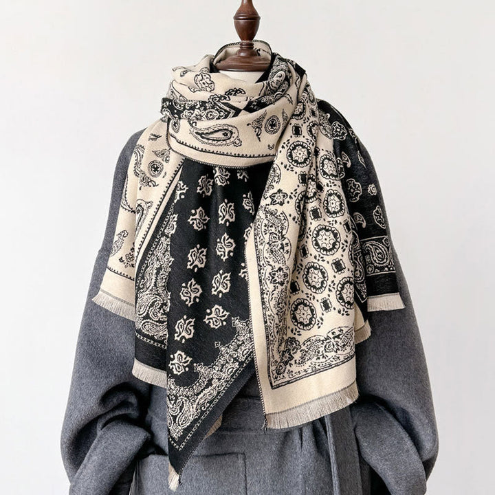 Bufanda chal gruesa, suave, térmica y con borlas, con diseño étnico de cachemira y geometría de patchwork y Buddha Stones - image 6