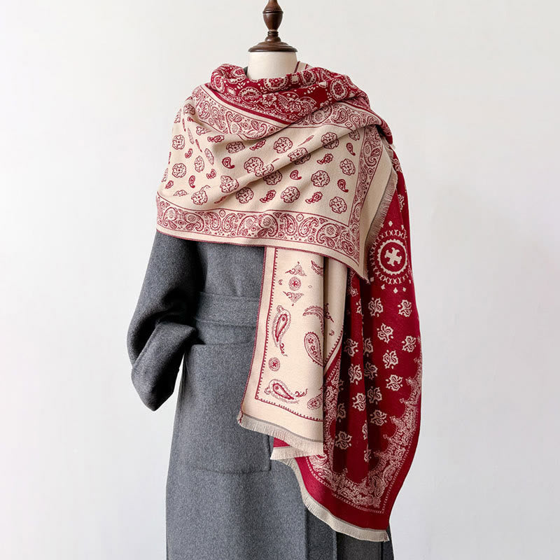 Bufanda chal gruesa, suave, térmica y con borlas, con diseño étnico de cachemira y geometría de patchwork y Buddha Stones - Carmesí - 186*66 cm - image 0