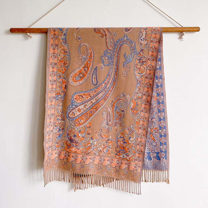 Bufanda chal térmica con borlas y estampado floral de cachemira para el viaje de invierno con Buddha Stones - SandyBrown - 200*65 cm - image 12