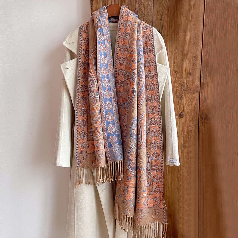 Bufanda chal térmica con borlas y estampado floral de cachemira para el viaje de invierno con Buddha Stones - image 13