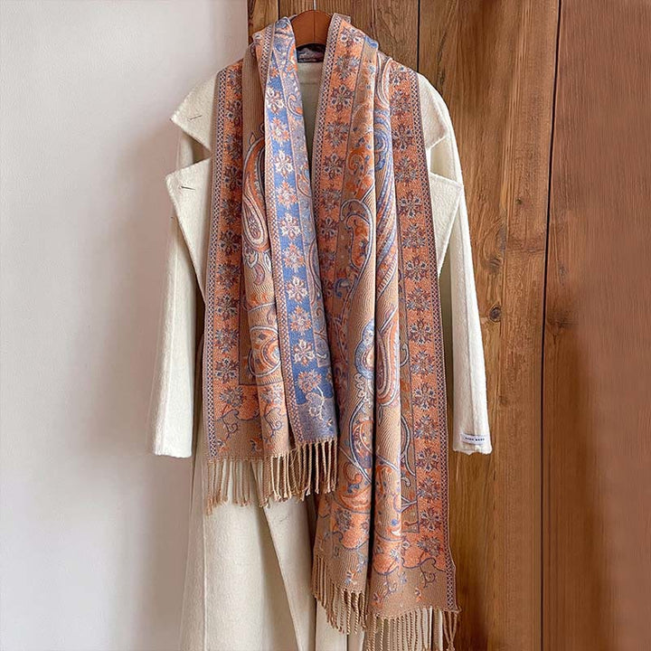 Bufanda chal térmica con borlas y estampado floral de cachemira para el viaje de invierno con Buddha Stones - image 13