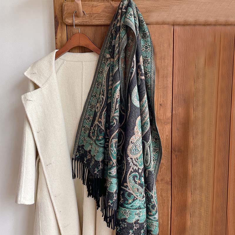 Bufanda chal térmica con borlas y estampado floral de cachemira para el viaje de invierno con Buddha Stones - image 7