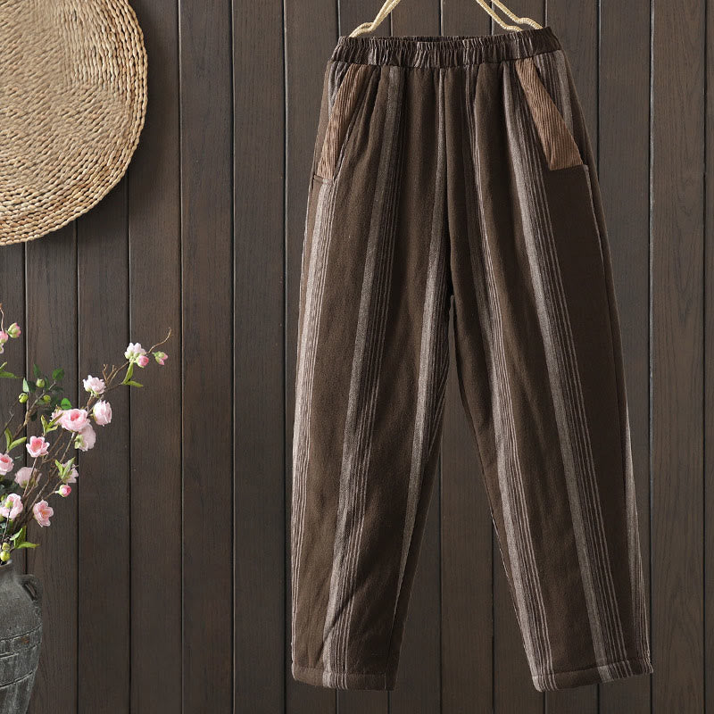 Pantalones harén acolchados de pana de algodón a rayas térmicas Buddha Stones Commute para mujer con bolsillos - SaddleBrown - US8-10，UK/AU12-14，EU40-42 (2XL) - image 0
