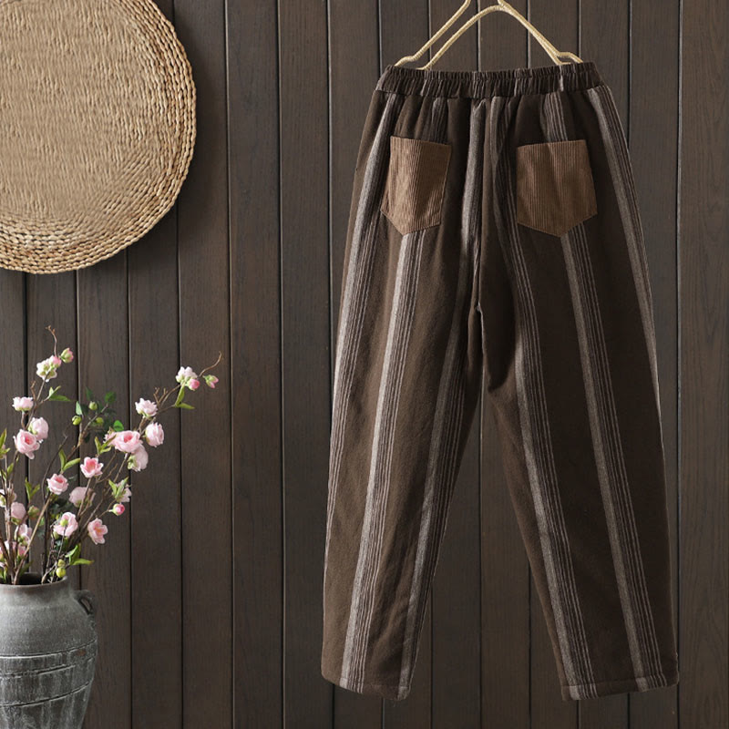 Pantalones harén de algodón a rayas térmicas Buddha Stones Commute para mujer con bolsillos - image 1