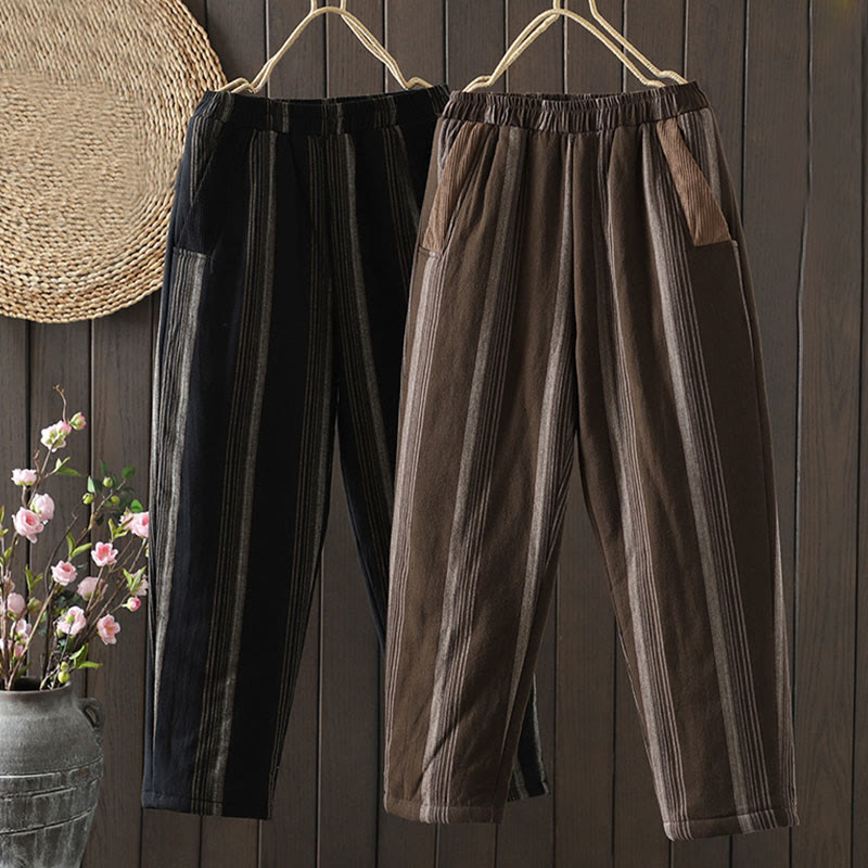 Pantalones harén de algodón a rayas térmicas Buddha Stones Commute para mujer con bolsillos - image 14