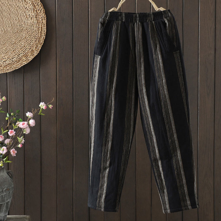 Pantalones harén de algodón a rayas térmicas Buddha Stones Commute para mujer con bolsillos - Negro - US8-10，UK/AU12-14，EU40-42 (2XL) - image 9