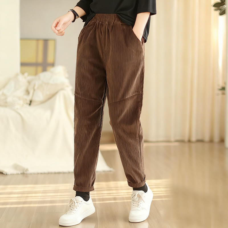Pantalones harén de pana de algodón lisos y cónicos para mujer, forrados con polar térmico y bolsillos Buddha Stones - SaddleBrown - US12, UK/AU16, EU44 (3XL) - image 9