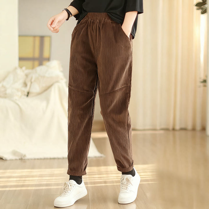 Pantalones harén de pana de algodón lisos y cónicos para mujer, forrados con polar térmico y bolsillos Buddha Stones - SaddleBrown - US12, UK/AU16, EU44 (3XL) - image 9