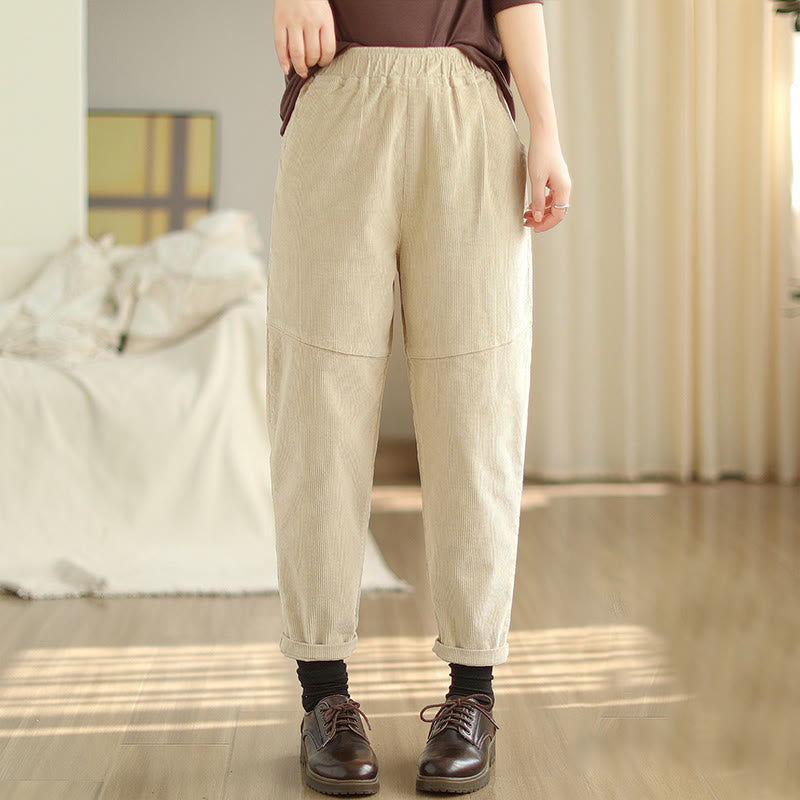 Pantalones harén de pana de algodón lisos y cónicos para mujer, forrados con polar térmico y bolsillos Buddha Stones - Beige - US12, UK/AU16, EU44 (3XL) - image 0