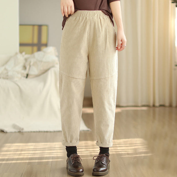 Pantalones harén de pana de algodón lisos y cónicos para mujer, forrados con polar térmico y bolsillos Buddha Stones - Beige - US12, UK/AU16, EU44 (3XL) - image 0