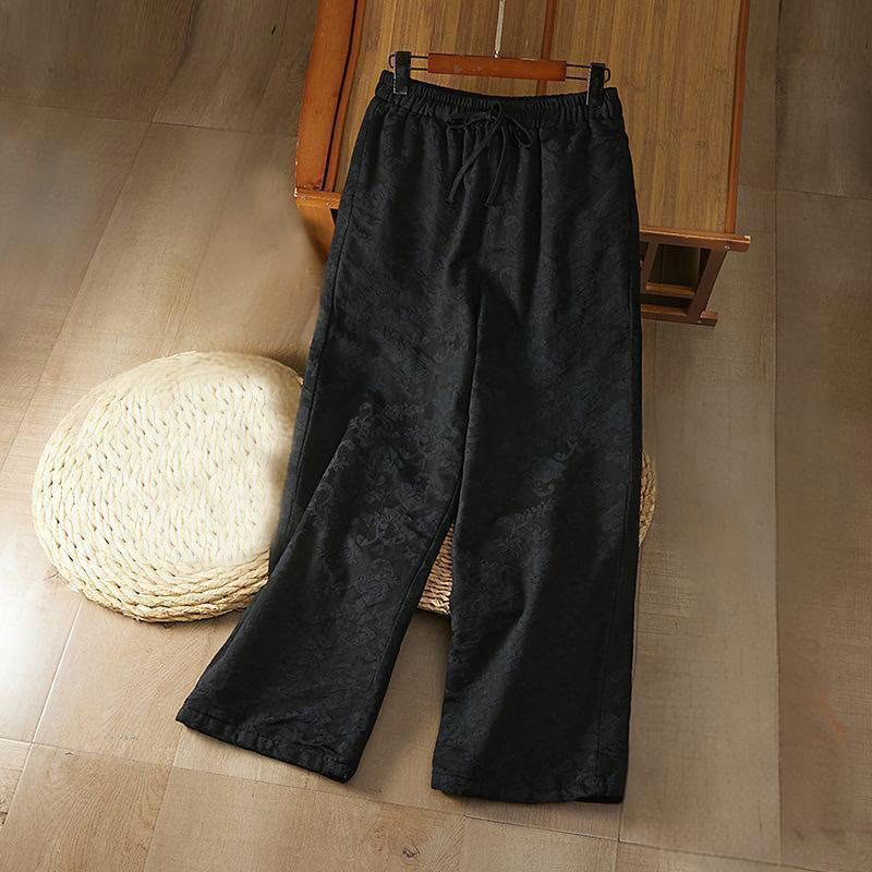 Pantalones de algodón de pierna ancha para mujer con estampado floral de jacquard térmico de invierno y bolsillos . - Negro - US8-10，UK/AU12-14，EU40-42 (2XL) - image 0