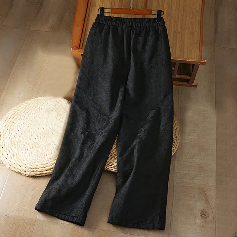 Pantalones de algodón de pierna ancha para mujer con estampado floral de jacquard térmico de invierno y bolsillos . - image 1