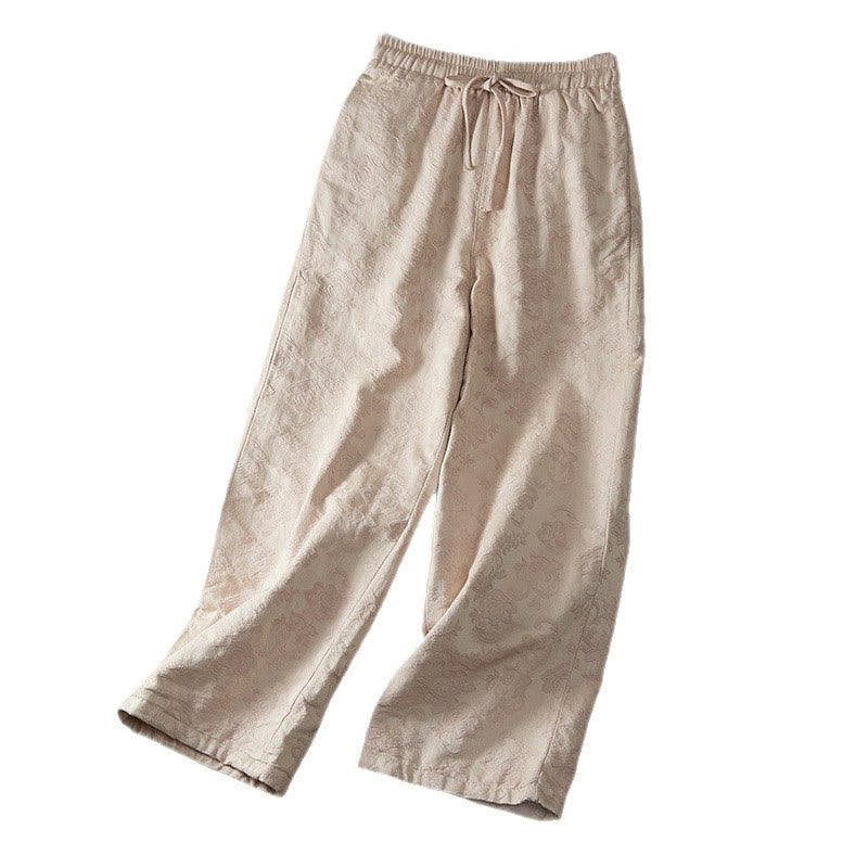 Pantalones de algodón de pierna ancha para mujer con estampado floral de jacquard térmico de invierno y bolsillos . - image 14