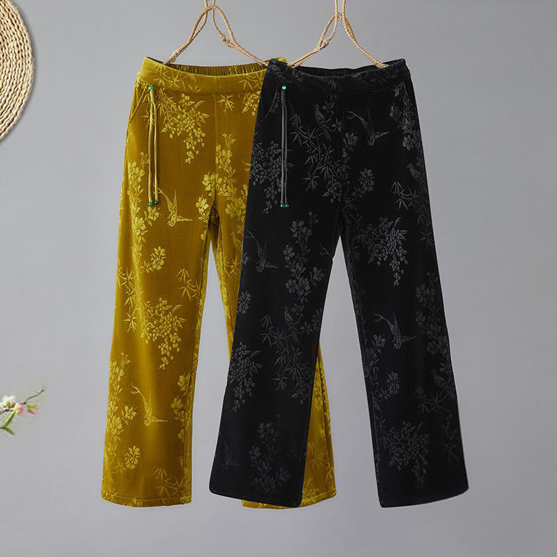 Pantalones Buddha Stones para mujer, de algodón, con forro polar, cintura alta, diseño jacquard, pernera ancha y bolsillos - image 0