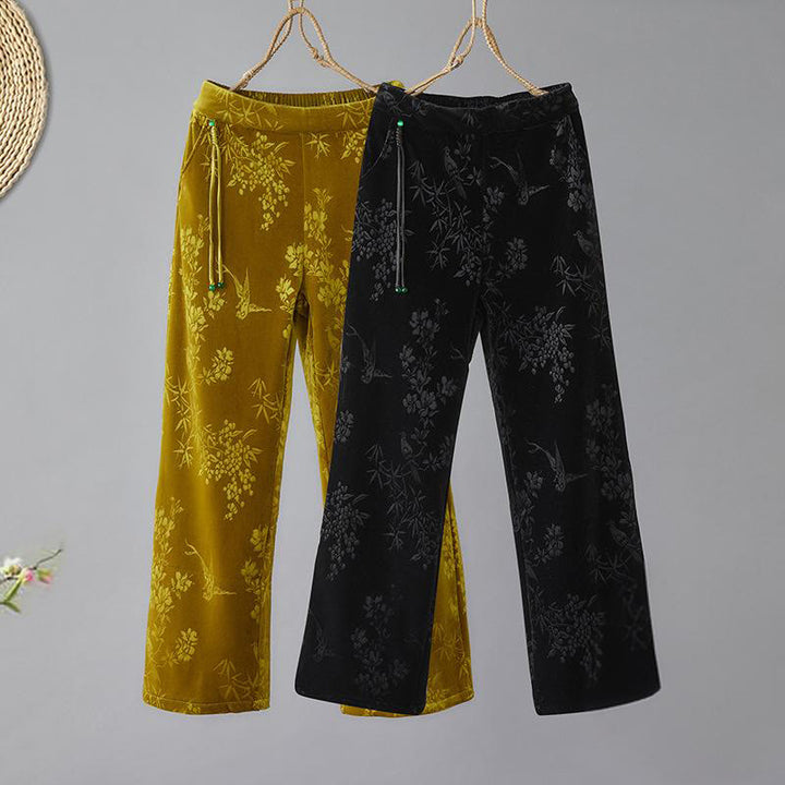 Pantalones Buddha Stones para mujer, de algodón, con forro polar, cintura alta, diseño jacquard, pernera ancha y bolsillos - image 0