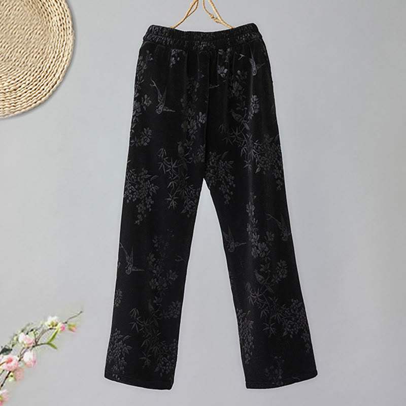 Pantalones Buddha Stones para mujer, de algodón, con forro polar, cintura alta, diseño jacquard, pernera ancha y bolsillos - image 9
