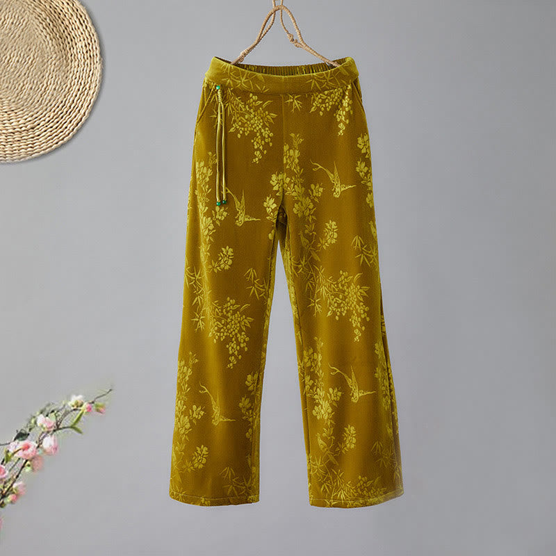 Pantalones Buddha Stones para mujer, de algodón, con forro polar, cintura alta, diseño jacquard, pernera ancha y bolsillos - Vara de oro - US8-10，UK/AU12-14，EU40-42 (2XL) - image 1