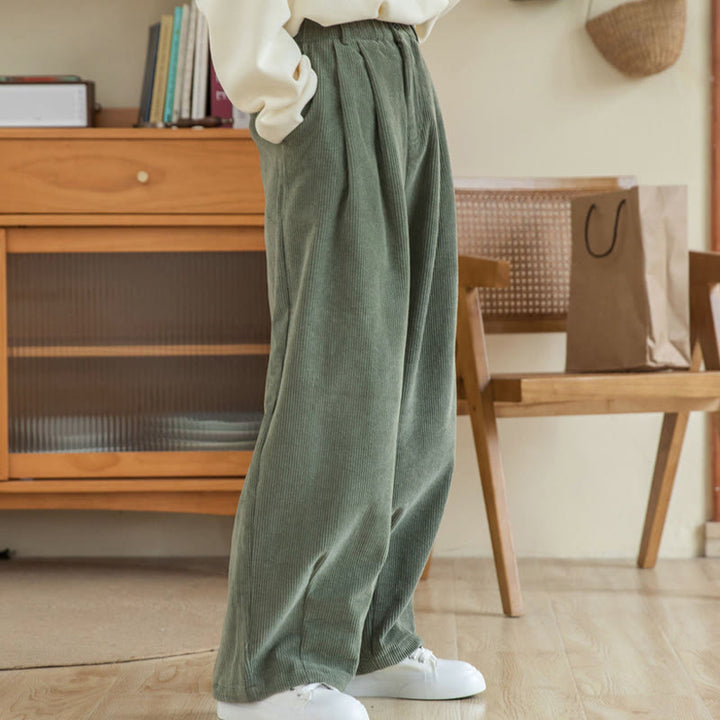 Pantalones de pana de algodón con cintura alta, cremallera y pernera ancha para mujer de Buddha Stones con bolsillos - image 4