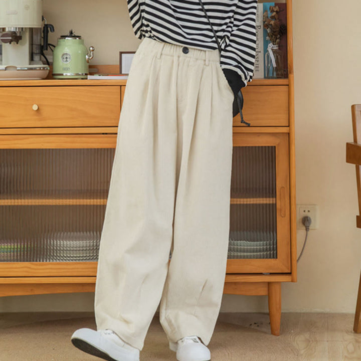 Pantalones de pana de algodón con cintura alta, cremallera y pernera ancha para mujer de Buddha Stones con bolsillos - image 19
