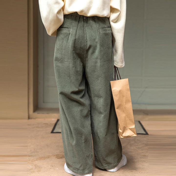 Pantalones de pana de algodón con cintura alta, cremallera y pernera ancha para mujer de Buddha Stones con bolsillos - image 10