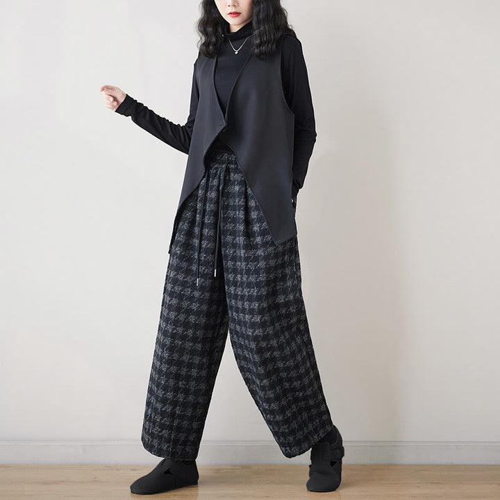 Pantalones de invierno Buddha Stones para mujer, con estampado a cuadros negros y grises, forrados de polar y bolsillos. - image 4