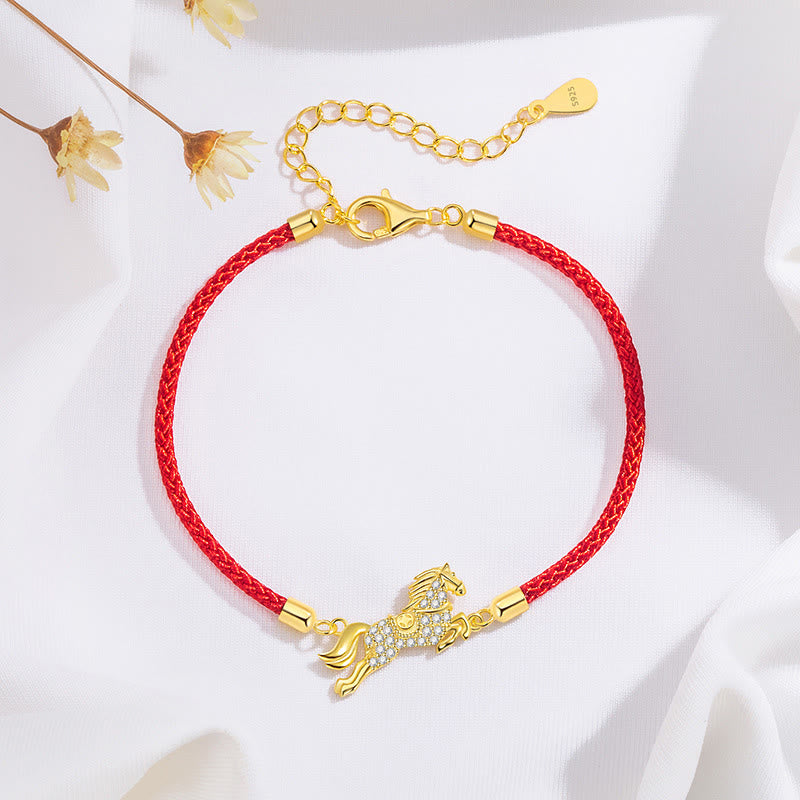Pulsera de hilo rojo con Buddha Stones en plata de ley 925 dorada, con el año del caballo y el zodiaco chino. - Caballo (circunferencia de muñeca 14-18 cm) - image 0