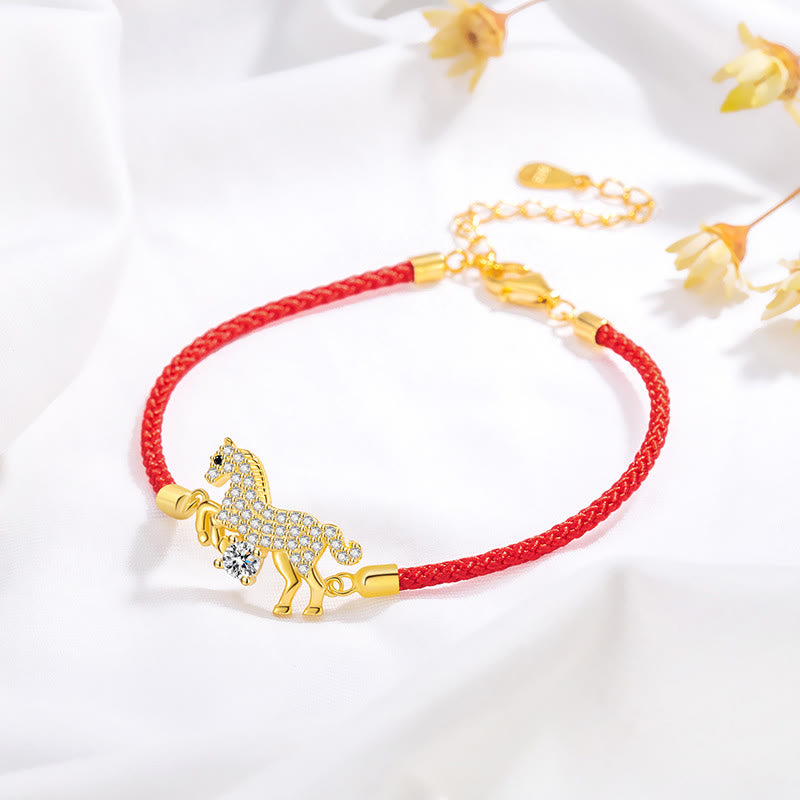 Pulsera ajustable de plata de ley 925 con Buddha Stones y caballo dorado con hilo rojo. - image 1