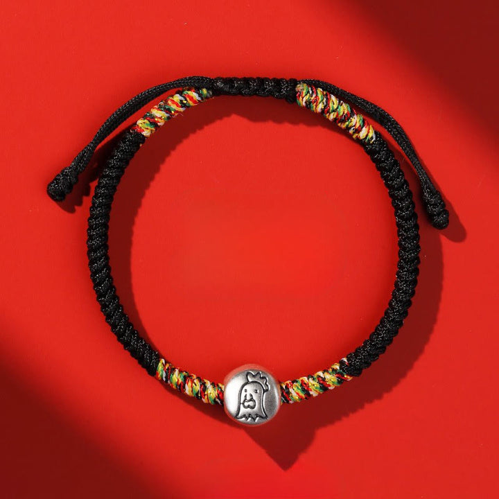 Pulsera trenzada de hilo rojo con Buddha Stones en plata de ley 999, año del caballo y zodiaco chino. - Gallo de cuerda negra - image 40