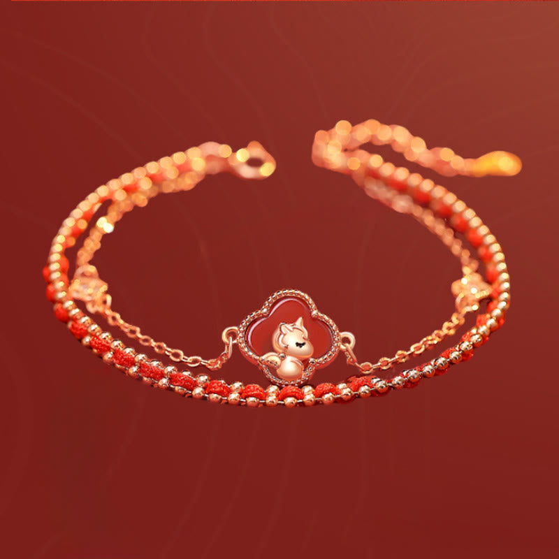 Pulsera de confianza con Buddha Stones , caballo, trébol de cuatro hojas, ágata roja y jade hetiano en plata de ley 925 - image 1