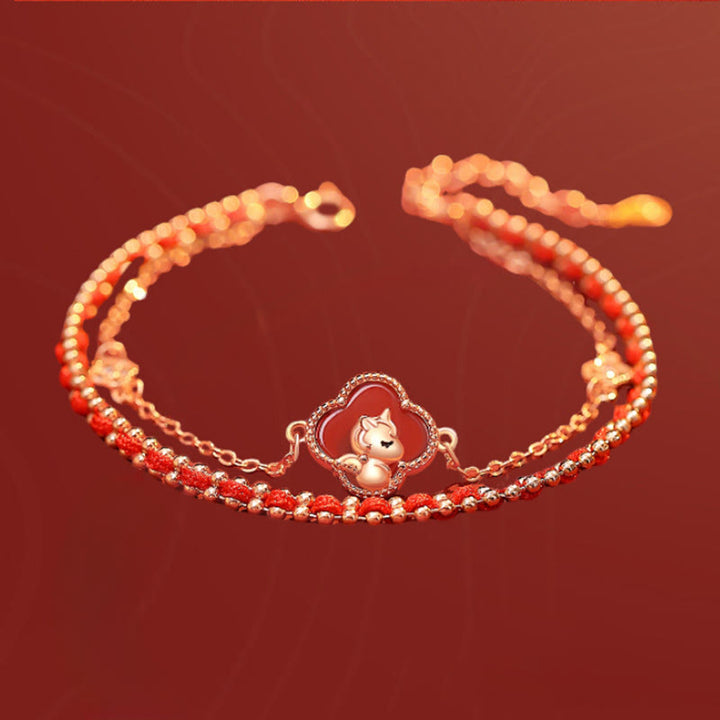 Pulsera de confianza con Buddha Stones , caballo, trébol de cuatro hojas, ágata roja y jade hetiano en plata de ley 925 - image 1