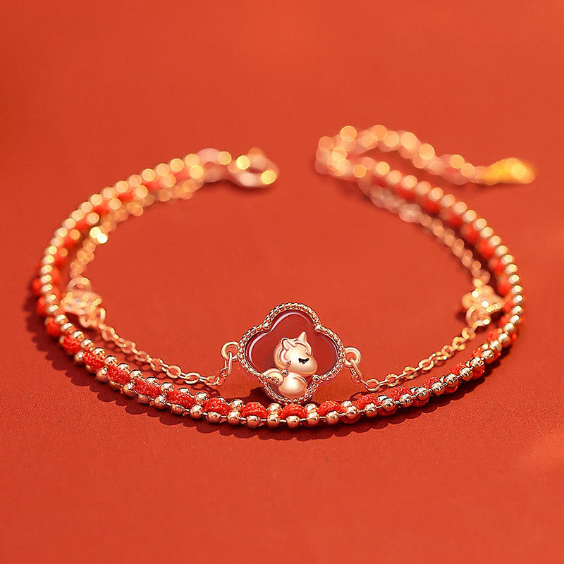 Pulsera de confianza con Buddha Stones , caballo, trébol de cuatro hojas, ágata roja y jade hetiano en plata de ley 925 - Ágata roja (circunferencia de la muñeca: 14-18 cm) - image 0