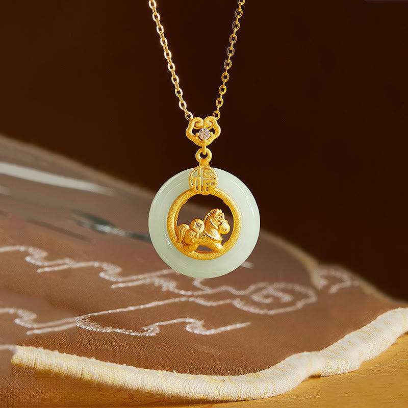 Collar con colgante de plata de ley 925 con Buddha Stones y jade hetiano del Año del Caballo, hebilla de la paz y la suerte - image 1