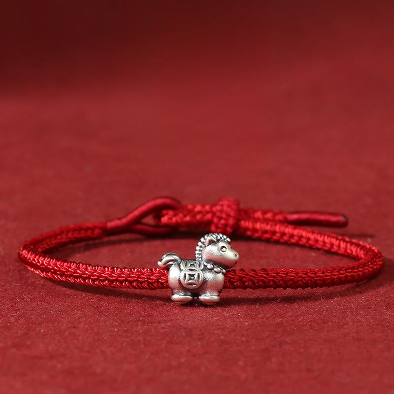 Pulsera trenzada de la suerte con monedas de cobre y hilo rojo de plata de ley 999 con Buddha Stones del Año del Caballo - Caballo (circunferencia de muñeca 14-18 cm) - image 0