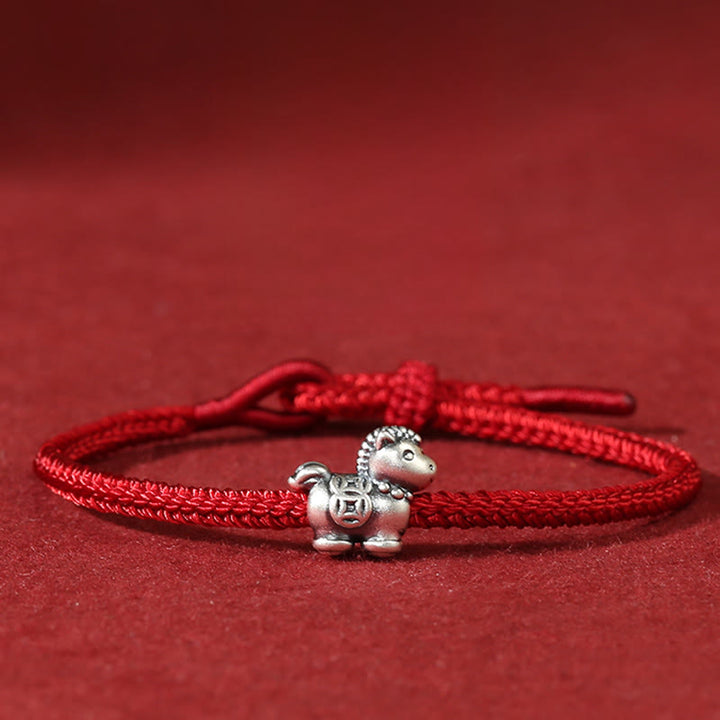 Pulsera trenzada de la suerte con monedas de cobre y hilo rojo de plata de ley 999 con Buddha Stones del Año del Caballo - Caballo (circunferencia de muñeca 14-18 cm) - image 0
