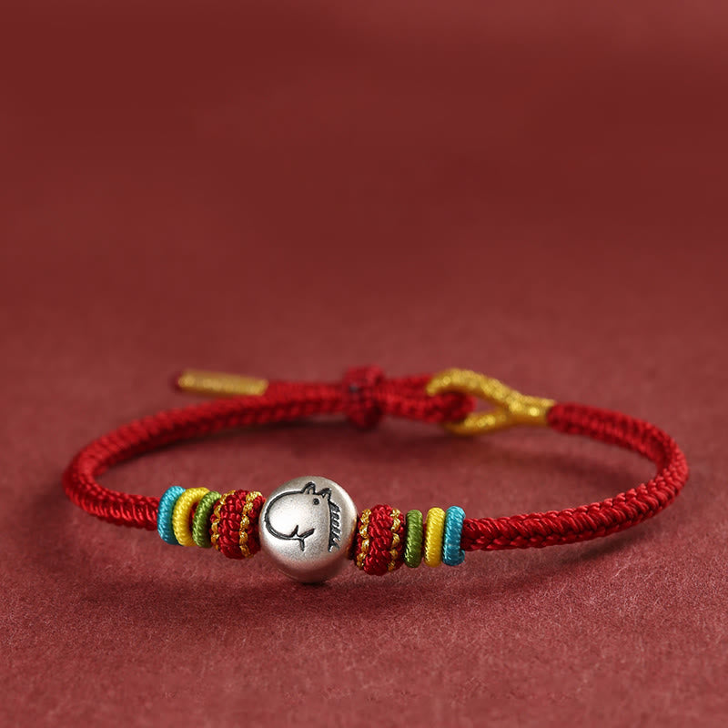 Pulsera trenzada de hilo rojo de plata de ley 999 con Buddha Stones del Año del Caballo - Rojo oscuro (circunferencia de la muñeca 14-18 cm) - image 0