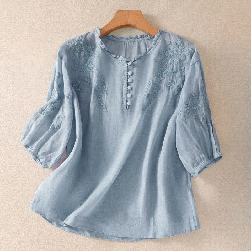 Camisa informal de manga corta abullonada con diseño floral bordado y botones lisos de Buddha Stones para mujer - Azul claro - US8-10，UK/AU12-14，EU40-42 (2XL) - image 0