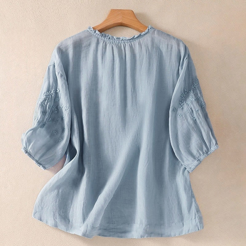 Camisa informal de manga corta abullonada con diseño floral bordado y botones lisos de Buddha Stones para mujer - image 1