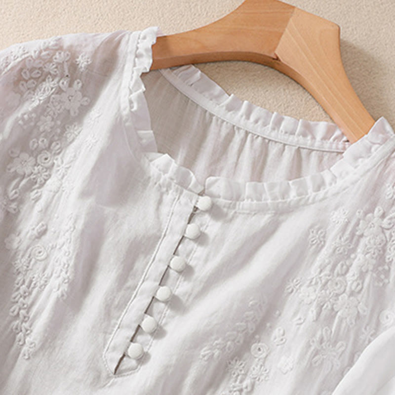 Camisa informal de manga corta abullonada con diseño floral bordado y botones lisos de Buddha Stones para mujer - image 11