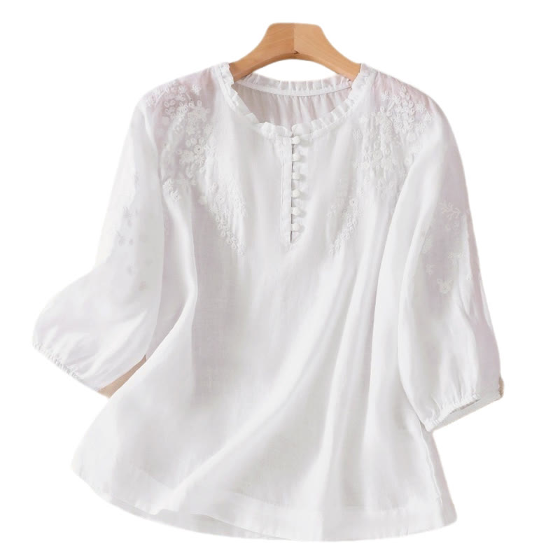 Camisa informal de manga corta abullonada con diseño floral bordado y botones lisos de Buddha Stones para mujer - image 9