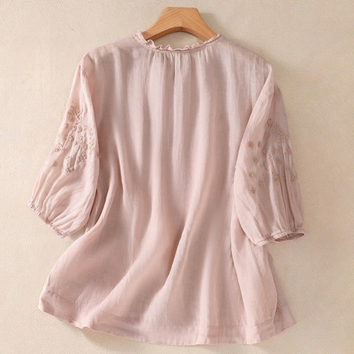 Camisa informal de manga corta abullonada con diseño floral bordado y botones lisos de Buddha Stones para mujer - image 14