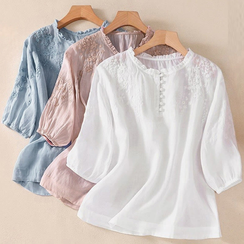 Camisa informal de manga corta abullonada con diseño floral bordado y botones lisos de Buddha Stones para mujer - image 19